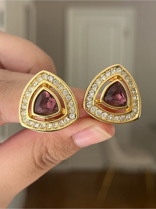 Dior Jewelry - Authentic Vintage Dior Purple Brown Rhinestone Triangular Gold Clip-On Earrings